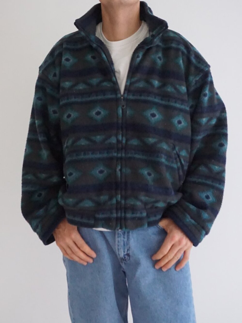 Vintage Northwoods Navy Teal Southwest Aztec Pattern Zip Collar Outdoor Fleece M